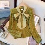 Grüne Oversize Langärmelige Festliche Blusen mit Rüschen aus Wolle für Damen Größe XXL für den für den Herbst 