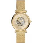 Goldene Fossil Carlie Automatik Damenarmbanduhren aus Edelstahl mit Mineralglas-Uhrenglas mit Mesharmband 