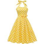 Gelbe Gepunktete Pin Up Kurzärmelige Audrey Hepburn Midi Neckholderkleider mit Knopf für Damen Größe S für Partys für den für den Frühling 