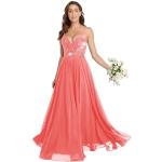 Korallenrote Sexy Maxi V-Ausschnitt Lange Abendkleider mit Perlen aus Chiffon für Damen Größe L für Hochzeitsgäste 