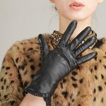 Schwarze Lederhandschuhe mit Rüschen aus Leder für Damen Größe XL für den für den Herbst 