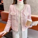 Rosa Elegante Maxi Rundhals-Ausschnitt Langmäntel mit Knopf aus Tweed für Damen für den für den Herbst 
