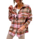 Pinke Karo Langärmelige V-Ausschnitt Hemdjacken mit Knopf aus Wolle für Damen Übergrößen für den für den Winter 