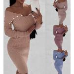 Khakifarbene Unifarbene Elegante Langärmelige Midi Midikleider mit Knopf aus Baumwollmischung für Damen Größe 3 XL für den für den Herbst 