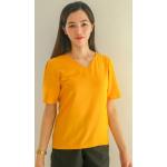 Reduzierte Gelbe Kurzärmelige V-Ausschnitt T-Shirts aus Viskose für Damen Größe S für den für den Sommer 