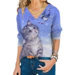 Dunkelblaue Oversize Langärmelige V-Ausschnitt Katzen-Shirts mit Tiermotiv aus Polyester für Damen Größe 3 XL für den für den Sommer 