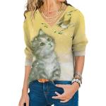 Dunkelblaue Oversize Langärmelige V-Ausschnitt Katzen-Shirts mit Tiermotiv aus Polyester für Damen Größe 3 XL für den für den Sommer 