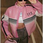Rosa Streetwear Mini Biker-Lederjacken mit Reißverschluss aus Veloursleder mit Kapuze für Damen Größe L für den für den Herbst 