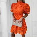 Violette Casual Kurzärmelige Midi Stehkragen Kurze Abendkleider mit Rüschen aus Baumwollmischung für Damen Größe XXL für Partys für den für den Sommer 