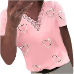 Pinke Gepunktete Elegante Kurzärmelige V-Ausschnitt T-Shirts aus Spitze mit Kapuze für Damen Größe 3 XL für den für den Sommer 
