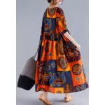 Frauen Vintage Lose Kleid Kontrast Farbe Druck Halbarm Roben Übergroßen Baumwolle Leinen Casual