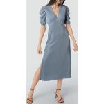 Blaue Unifarbene Kurzärmelige Freebird V-Ausschnitt Plisseekleider aus Polyester für Damen Größe L 