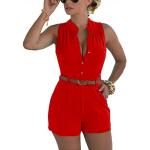 Fudaolee Jumpsuits Damen Sommer Kurz Playsuit V-Ausschnitt Bequem Strand Spielanzug Elegant Einteiler Overalls Hose Elastische Taille XXL, Rot