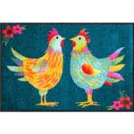 Petrolfarbene Salonlöwe Fußmatten mit Huhn-Motiv aus Textil trocknergeeignet 