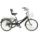 Futchoy 24 Zoll Dreirad für Erwachsene mit 2 Korb, 7-Gang Schaltung Tricycle mit Rückenlehne, 3 Räder Lastenfahrrad Fahrrad Bike Erwachsener Einkauffahrrad, Schwarz