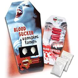 FXSTUFF Vampir Zähne Set für Halloween - Kunstblut, Abformmasse, Unisex - Passend für Horror Kostüme, mit Kleid