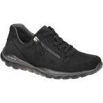 Schwarze Gabor Rollingsoft Runde Low Sneaker mit Reißverschluss in Normalweite aus Nubukleder mit herausnehmbarem Fußbett für Damen Größe 40 