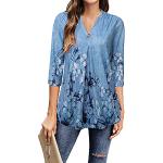 Reduzierte Blaue Oversize 3/4-ärmelige V-Ausschnitt Tunika-Blusen für Damen Größe XXL für den für den Sommer 