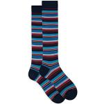 Gallo Men's long ocean blue ultra-light cotton socks with multicoloured stripes of different dimensions.