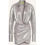 Reduzierte Silberne Langärmelige V-Ausschnitt Lange Abendkleider mit Reißverschluss aus Viskose für Damen Größe S 