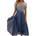 Blaue Elegante Kurzärmelige Midi Kurze Abendkleider aus Chiffon für Damen Größe 5 XL für Brautjungfern 