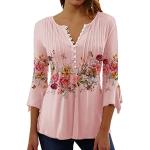 Pinke Gestreifte Elegante Langärmelige T-Shirts mit Papageienmotiv mit Knopf aus Baumwolle für Damen Größe 3 XL für Festivals für den für den Sommer 