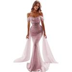 Rosa Sexy Maxi Schulterfreie Lange Abendkleider mit Glitzer aus Tüll für Damen Größe XXS für Brautjungfern 