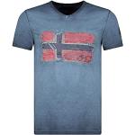 Reduzierte Marineblaue Casual Kurzärmelige Geographical Norway V-Ausschnitt T-Shirts aus Baumwolle für Herren Größe L für den für den Sommer 