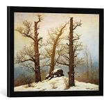 Gerahmtes Bild von Caspar David Friedrich Hünengrab im Schnee, Kunstdruck im hochwertigen handgefertigten Bilder-Rahmen, 60x40 cm, Schwarz matt