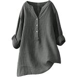Graue Unifarbene Oversize Langärmelige V-Ausschnitt Tunika-Blusen mit Knopf aus Musselin für Damen Größe 4 XL Große Größen für den für den Sommer 