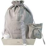 Geschenkset zur Geburt. Praktischer und unisex Geschenkkorb für Neugeborene: Schnuller-Set, personalisierbar, Schnuller-Hülle und Kindergarten-Tasche. Größe von 3 bis 6 Monaten.