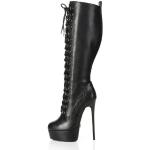 Schwarze Unifarbene Casual Giaro Vegane Runde Pfennigabsatz High-Heel Stiefel mit Reißverschluss aus Leder für Damen Größe 46 mit Absatzhöhe über 9cm 