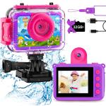 GKTZ Geschenk für Mädchen im Alter von 3-14 Jahren, wasserdichte Kinderkamera, Digitale Videokamera mit 32GB Karte, 180 drehbare 20MP Unterwasserkamera, Geburtstagsgeschenk für 4-9 Jahre alt Mädchen violett