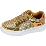 Goldene Gestreifte Elegante Plateauabsatz Low Sneaker mit Glitzer mit Schnürsenkel aus Leder atmungsaktiv für Damen Größe 40 für den für den Sommer 