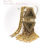 Opulente Glasperlenkette Aus Perlenstickerei, Statement Halskette Mit Goldenen Glasperlen Und Anhänger Fransen, Azteken Gold