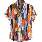 Orange Gestreifte Oversize Kurzärmelige Henleykragen Hawaiihemden aus Leinen für Herren Größe 3 XL für den für den Sommer 