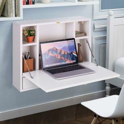 GOPLUS Wandklapptisch mit Regal, Arbeitstisch für PC Computer, Wandschrank Ausklappbar, PC-Schreibtisch Modern, Computertisch Platzsparend, Laptoptisch Holz (Weiss)