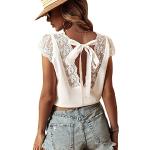 Reduzierte Weiße Elegante Kurzärmelige V-Ausschnitt Tunika-Blusen aus Spitze für Damen Größe S für den für den Sommer 