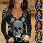 Violette Gothic Langärmelige V-Ausschnitt V-Shirts mit Totenkopfmotiv aus Spitze für Damen Größe 3 XL für Partys 
