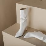 Weiße Pfennigabsatz Slouch Stiefel aus Kunstleder für Damen Größe 46 