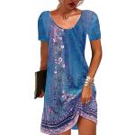 Blaue Ethno Kurzärmelige Mini Rundhals-Ausschnitt Sommerkleider für Damen Größe XL für den für den Sommer 