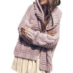 Rosa Oversize Mini Grobstrickjacken aus Kunstfell mit Kapuze für Damen Größe XXL für den für den Herbst 