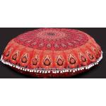 Rote Boho Runde Sitzkissen rund mit Mandala-Motiv aus Baumwolle 