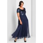 Marineblaue Sheego Maxi Abendkleider A-Linie für mit Pailletten aus Mesh für Damen Größe 3 XL Große Größen 