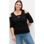 Schwarze Halblangärmelige CRÉATION L T-Shirts mit Cutwork aus Jersey für Damen Größe XL Große Größen 