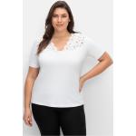 Weiße Kurzärmelige CRÉATION L V-Ausschnitt V-Shirts aus Spitze für Damen Größe XL Große Größen 