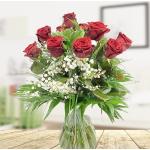 Roter Rosenstrauß - Blumenstrauß mit 10 roten XXL Rosen und Schleierkraut - Inklusive gratis Grußkarte
