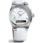 Silberne Guess Hybrid Smartwatches aus Leder mit LCD-Zifferblatt mit Lederarmband für Herren 