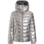 Silberne Gesteppte Guess Fiorenza Winterjacken mit Reißverschluss mit Kapuze für Damen Größe XL 