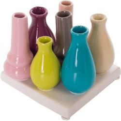 H&D Manufaktur Jinfa Deko Vasen Set aus 7 Vasen in bunt auf einem Tablett - mehrfarbig Keramik 4260464778365